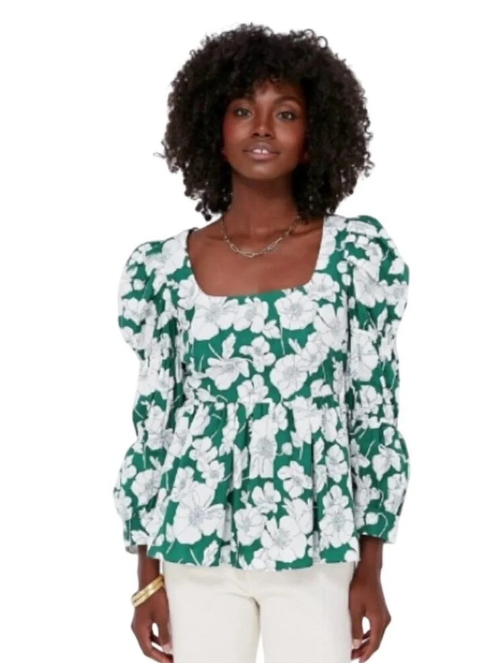 Tuckernuck Hyacinth House Green Floral Puff-Sleeve Peplum Top Long Sleeve K